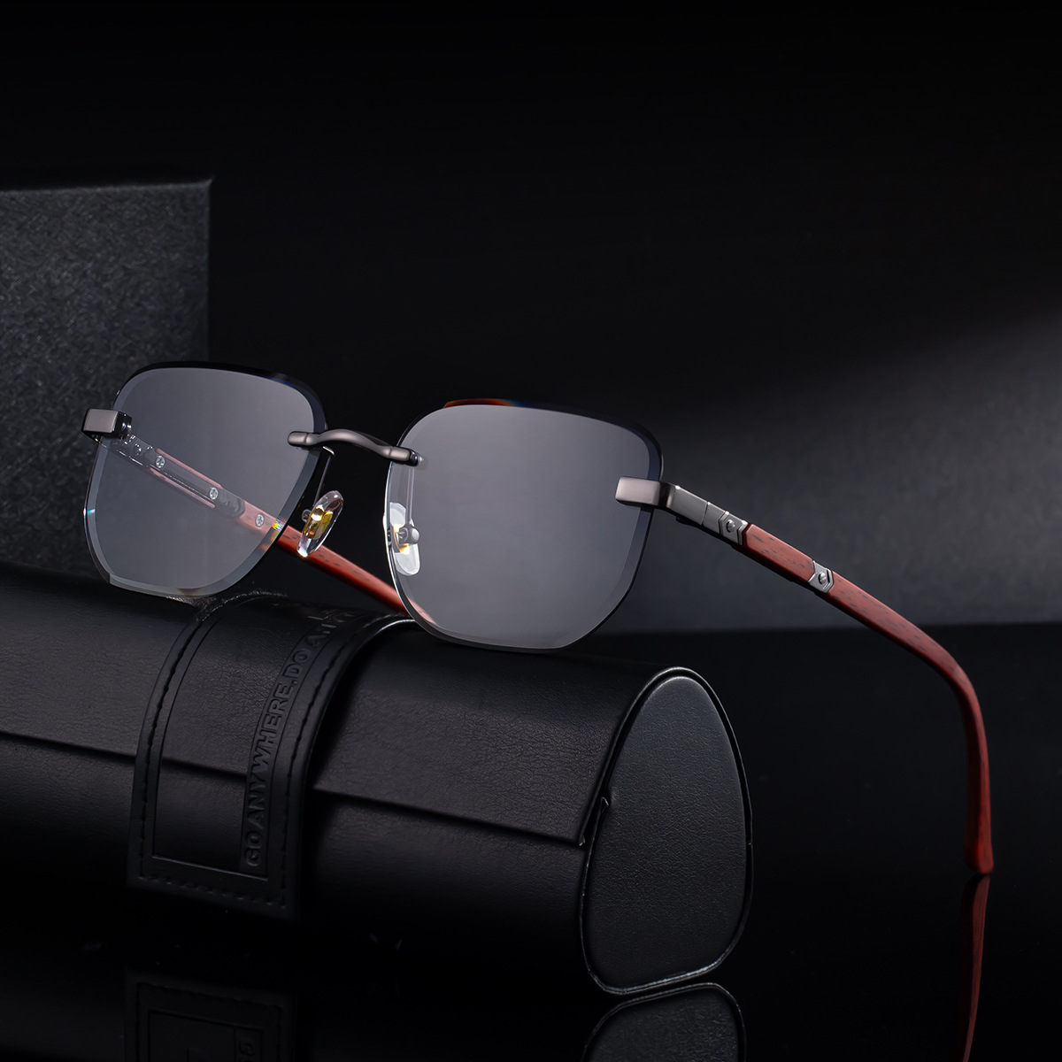 Black PC 2026 New Auto-Photochromic Rimless Sunglasses for Men & Women – Premium Instant Color-Changing Glasses with Faux Wood Grain Temples - View 3
