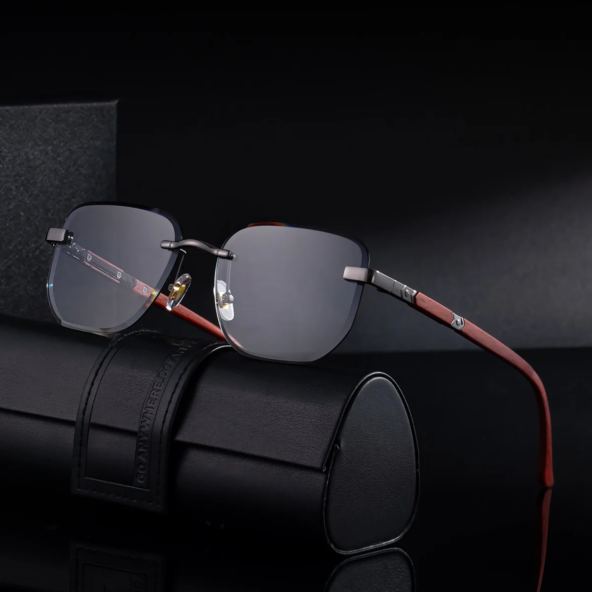 Black PC 2026 New Auto-Photochromic Rimless Sunglasses for Men & Women – Premium Instant Color-Changing Glasses with Faux Wood Grain Temples - View 3