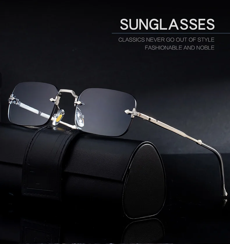 Black Copper alloy Unisex Small Frame Metal Rimless Sunglasses - Modern Minimalist UV400 Protection - Details 1