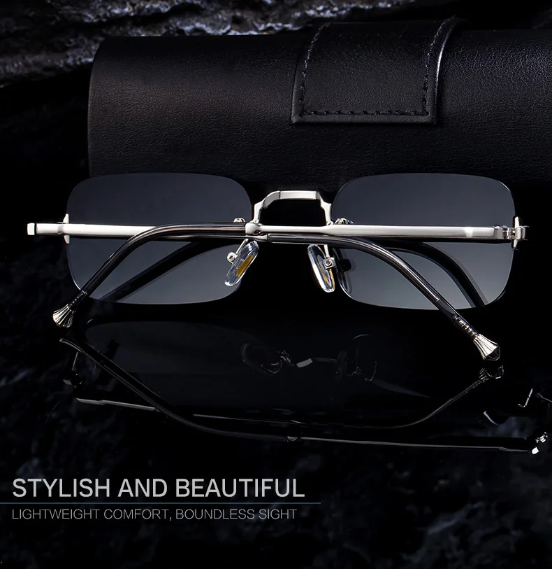Black Copper alloy Unisex Small Frame Metal Rimless Sunglasses - Modern Minimalist UV400 Protection - Details 2