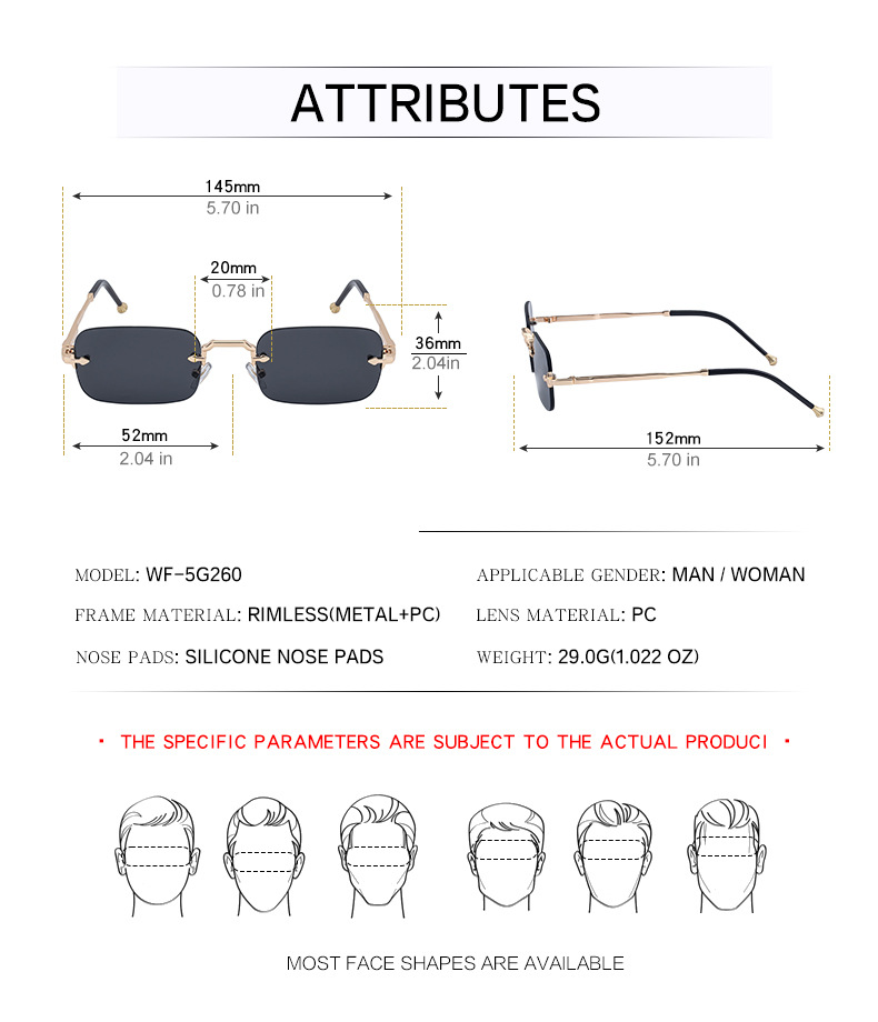 Unisex Small Frame Metal Rimless Sunglasses - Modern Minimalist UV400 Protection Details and Specifications