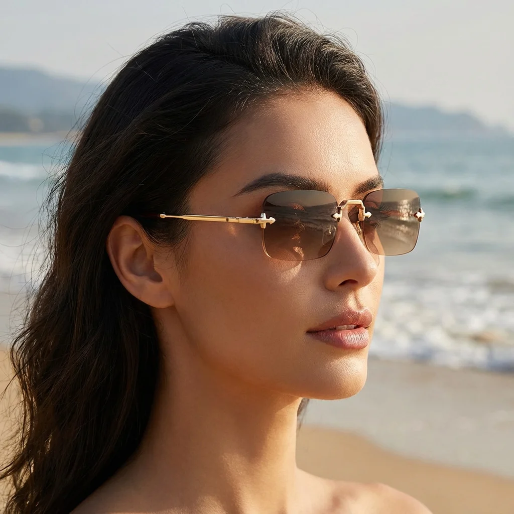 Black Copper alloy Unisex Small Frame Metal Rimless Sunglasses - Modern Minimalist UV400 Protection - View 1