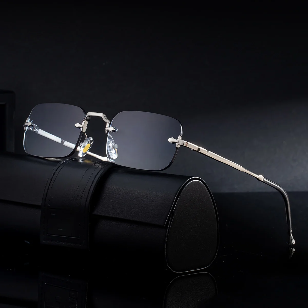 Black Copper alloy Unisex Small Frame Metal Rimless Sunglasses - Modern Minimalist UV400 Protection - View 3