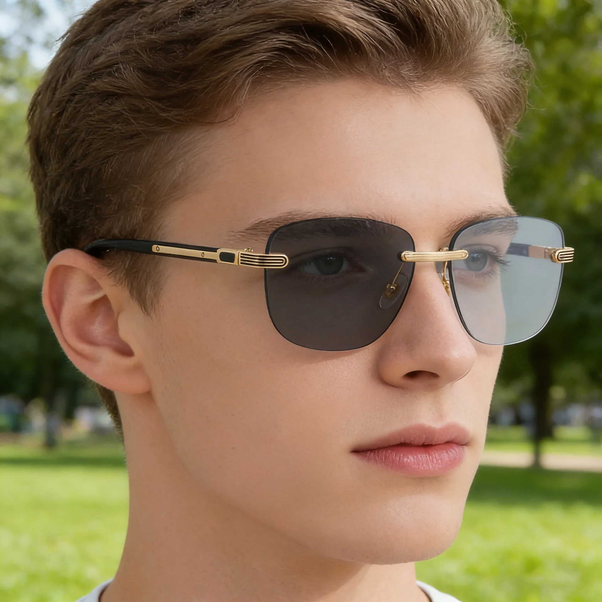 Black PC Men's Premium Photochromic Rimless Sunglasses - Luxury Driving UV400 Eyewear - Details 2