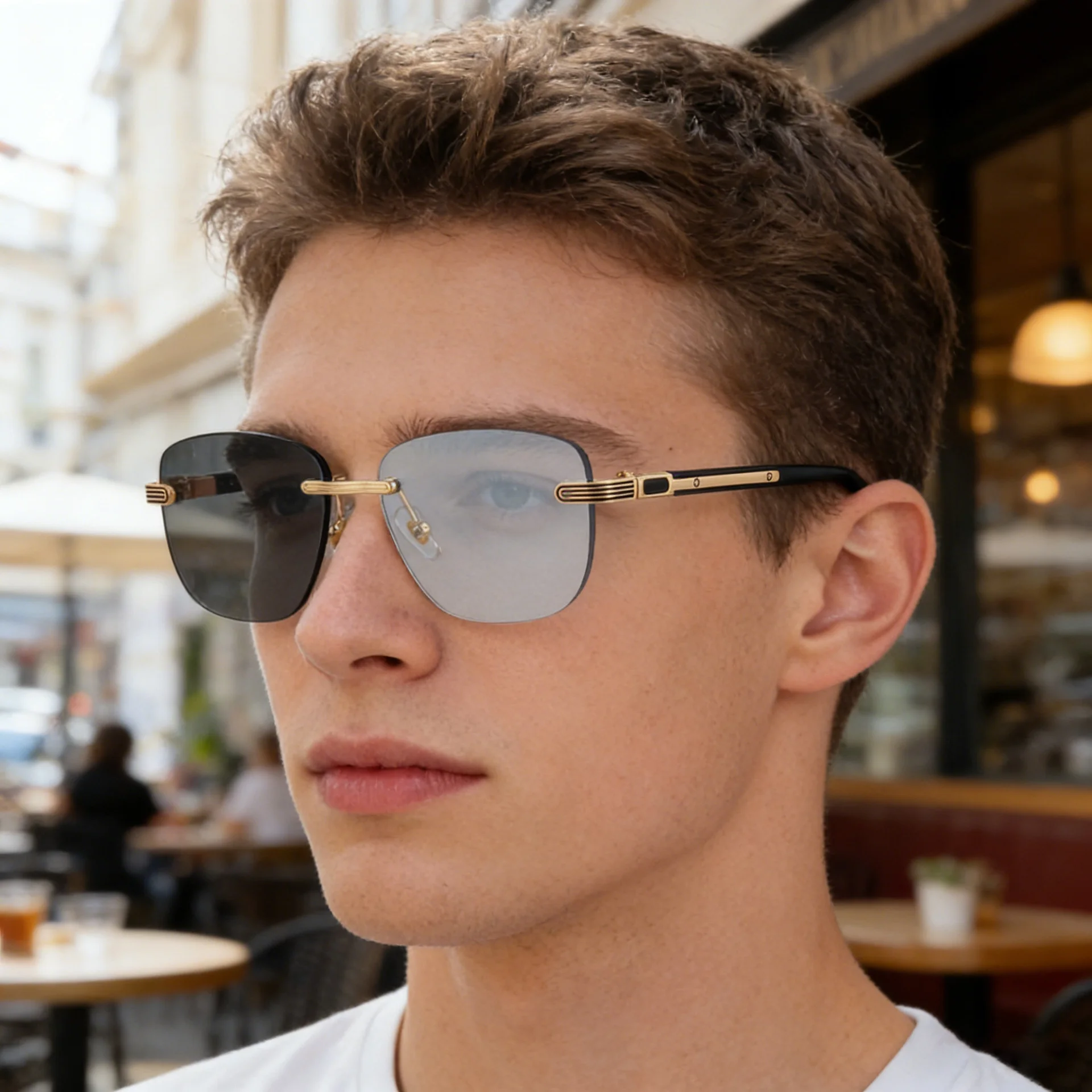 Black PC Men's Premium Photochromic Rimless Sunglasses - Luxury Driving UV400 Eyewear - Details 4