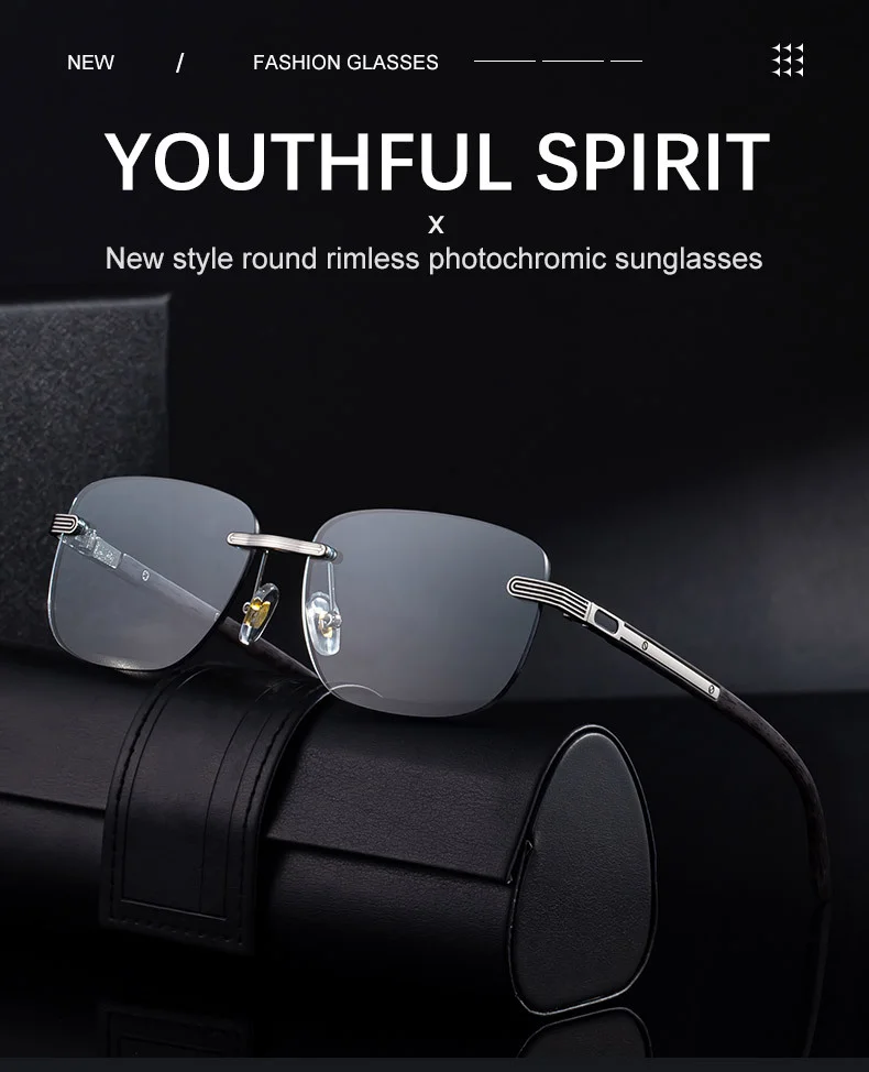 Black PC Men's Premium Photochromic Rimless Sunglasses - Luxury Driving UV400 Eyewear - Details 5