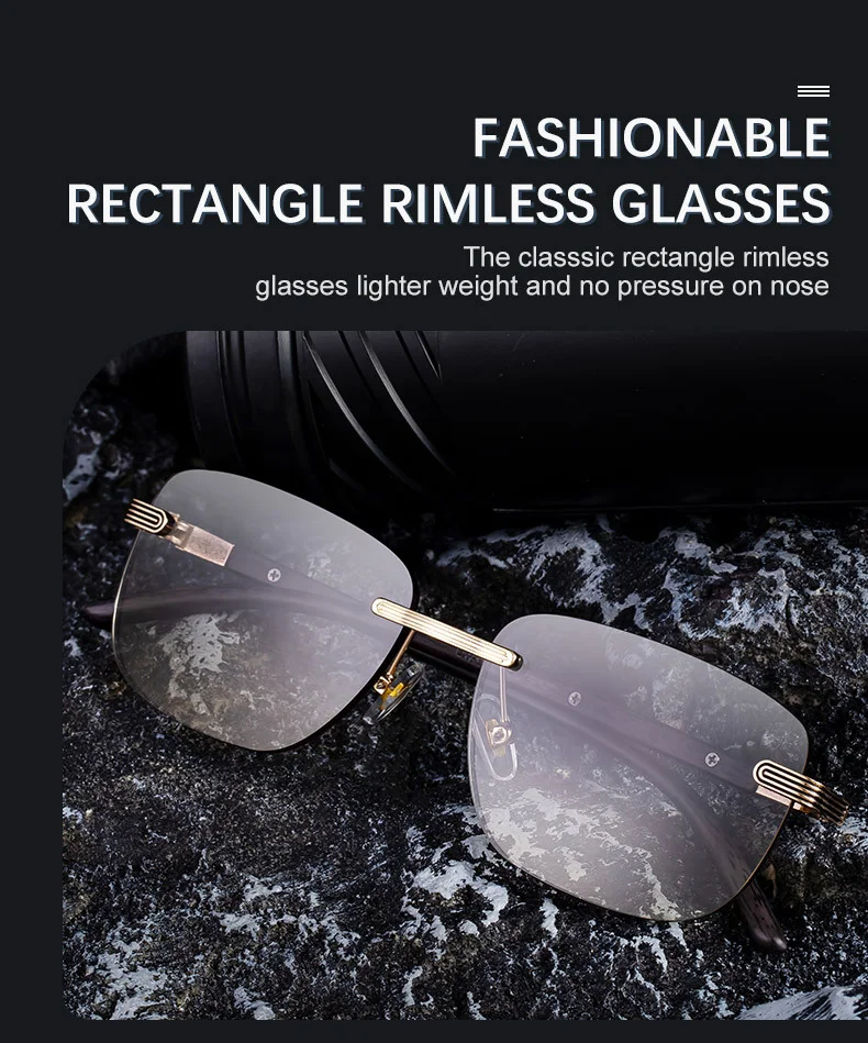 Black PC Men's Premium Photochromic Rimless Sunglasses - Luxury Driving UV400 Eyewear - Details 6