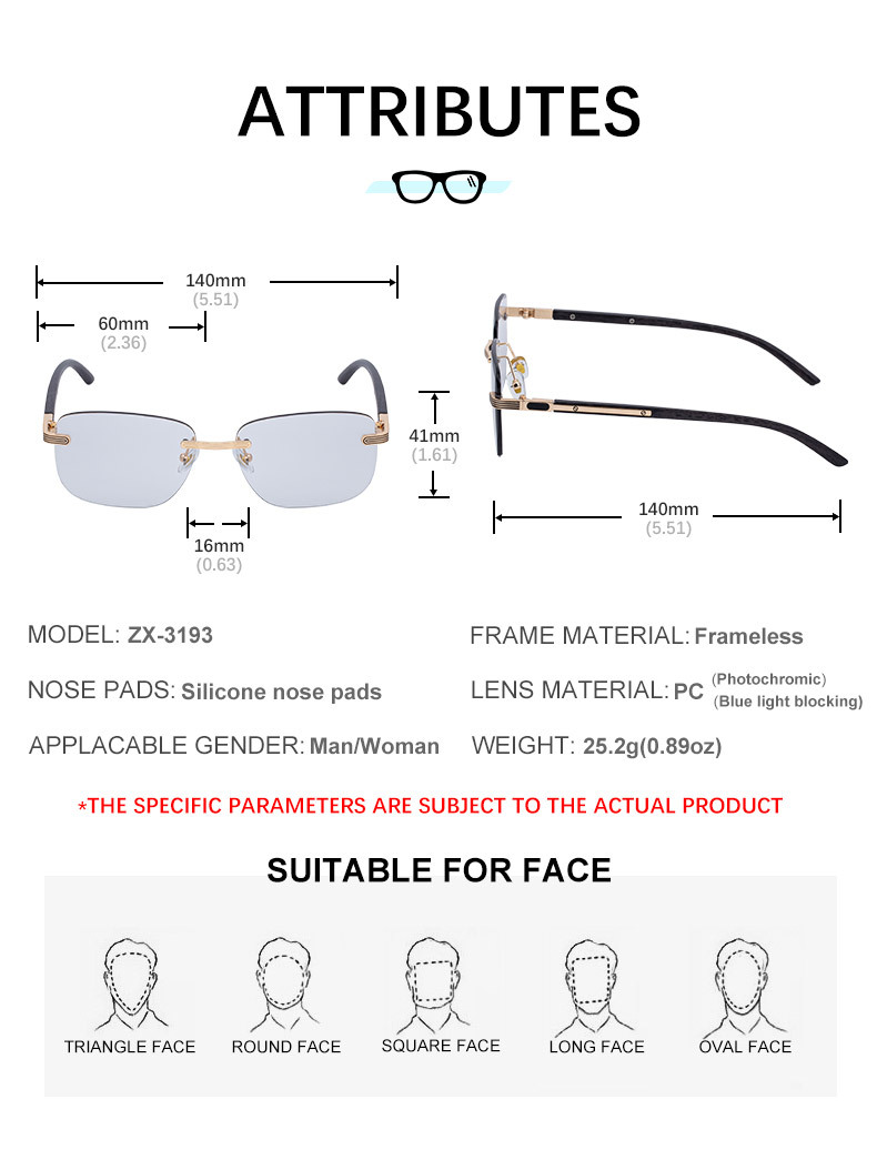Men's Premium Photochromic Rimless Sunglasses - Luxury Driving UV400 Eyewear Details and Specifications