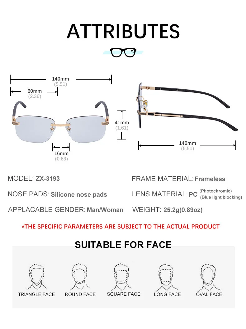 Black PC Men's Premium Photochromic Rimless Sunglasses - Luxury Driving UV400 Eyewear - Details 18