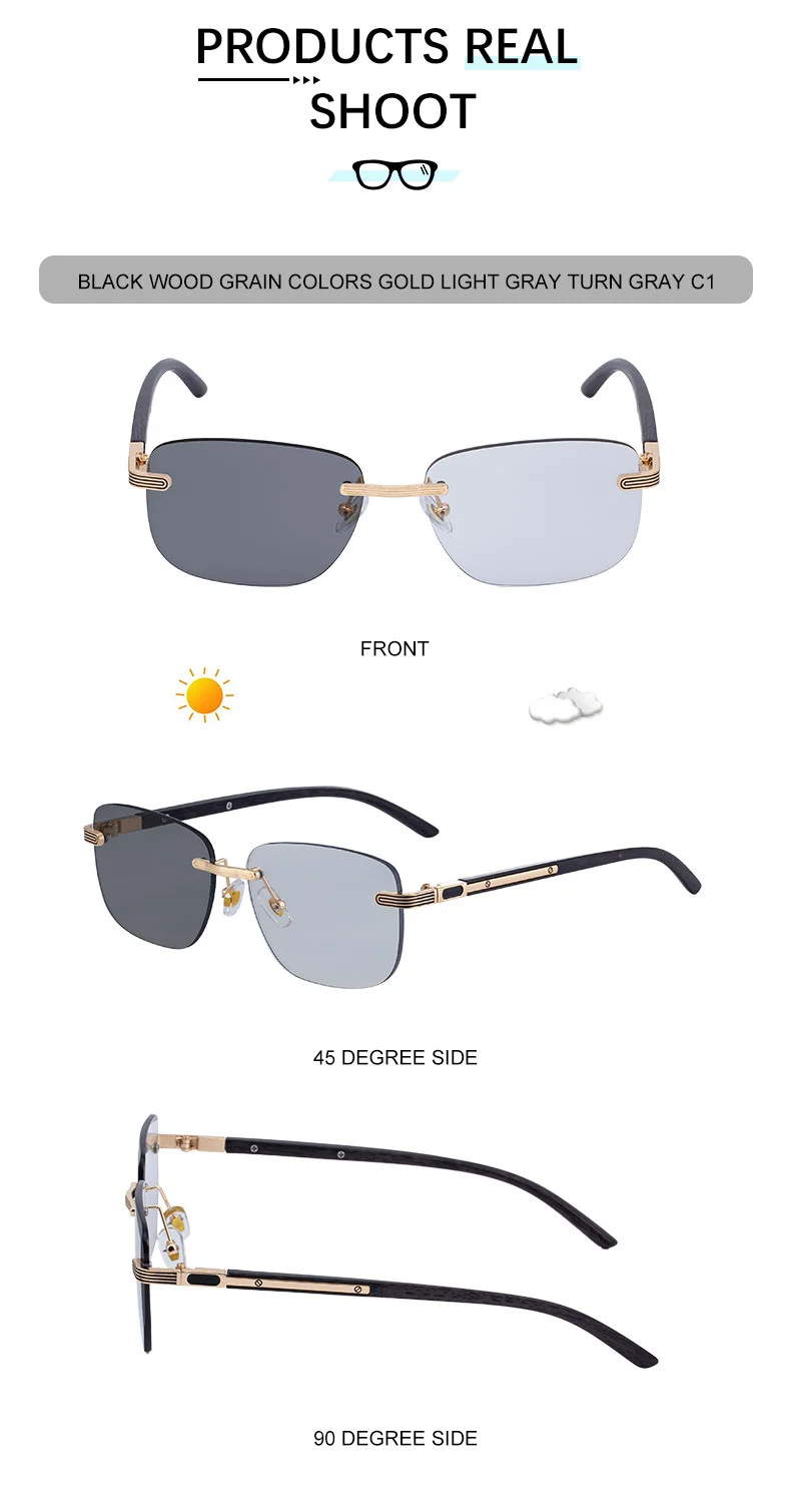 Black PC Men's Premium Photochromic Rimless Sunglasses - Luxury Driving UV400 Eyewear - Details 19