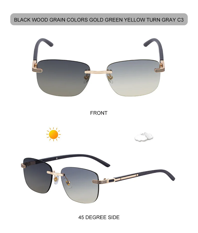 Black PC Men's Premium Photochromic Rimless Sunglasses - Luxury Driving UV400 Eyewear - Details 21