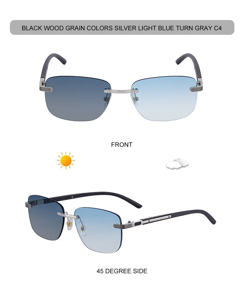 Black PC Men's Premium Photochromic Rimless Sunglasses - Luxury Driving UV400 Eyewear - Details 22
