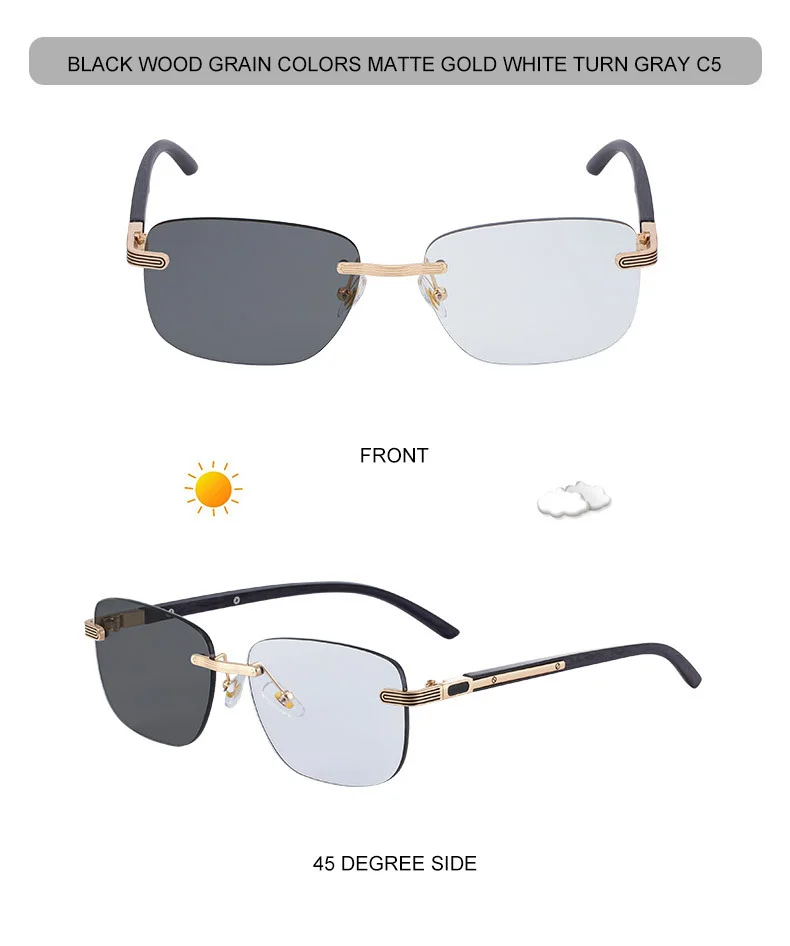 Black PC Men's Premium Photochromic Rimless Sunglasses - Luxury Driving UV400 Eyewear - Details 23