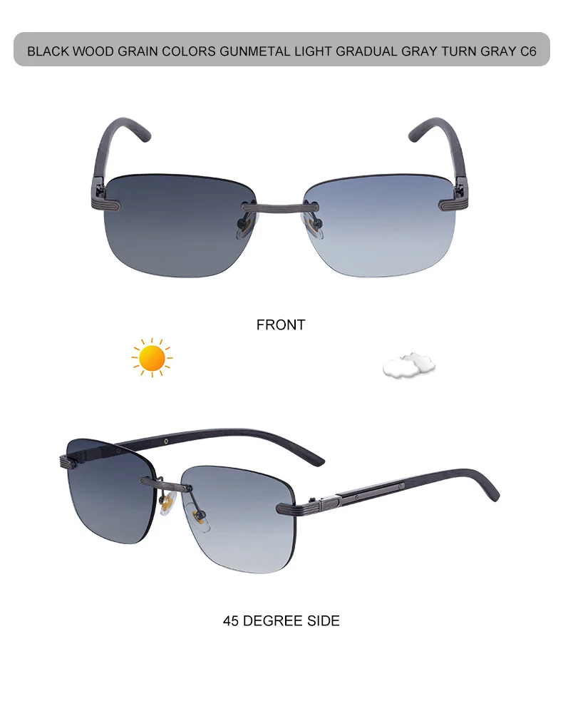 Black PC Men's Premium Photochromic Rimless Sunglasses - Luxury Driving UV400 Eyewear - Details 24