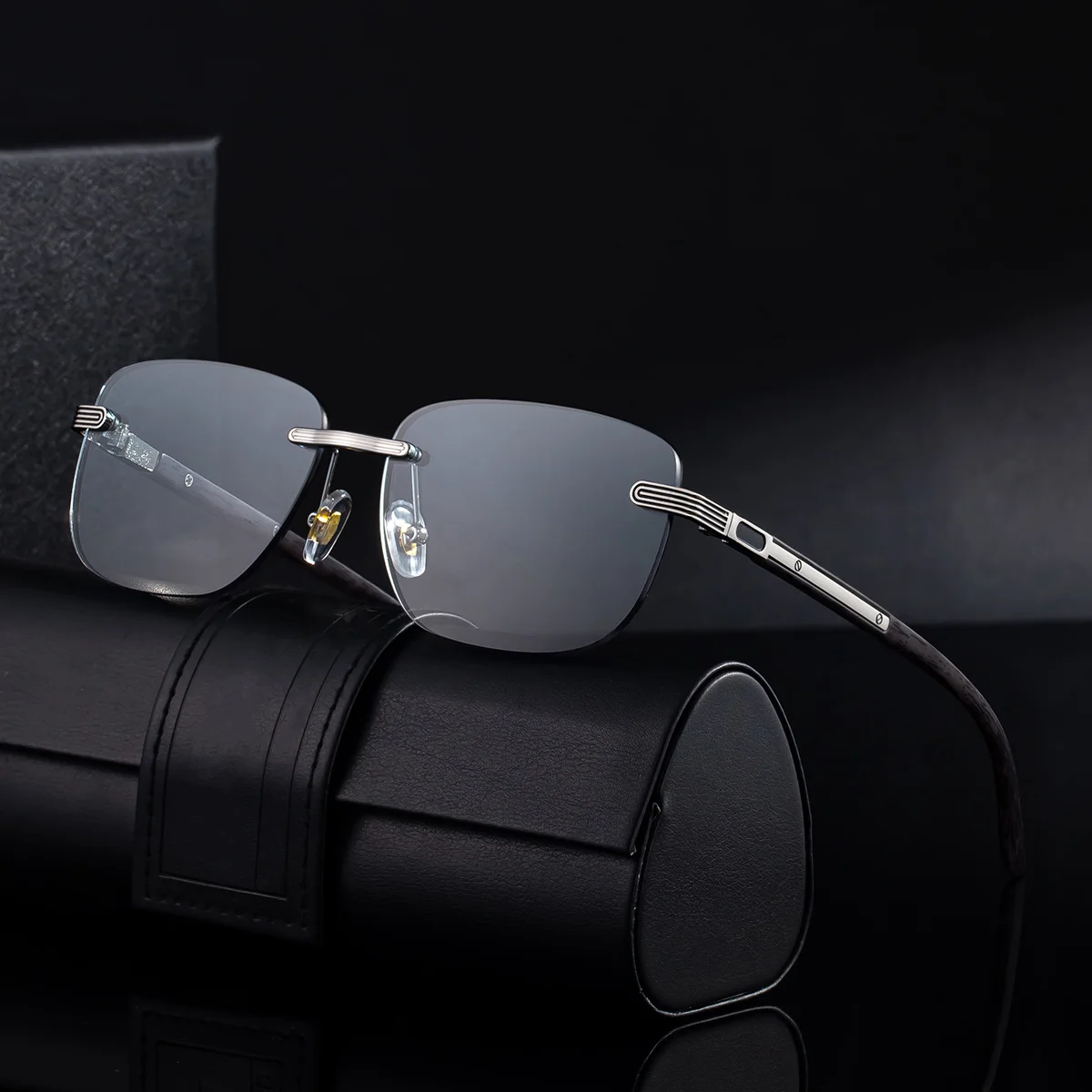 Black PC Men's Premium Photochromic Rimless Sunglasses - Luxury Driving UV400 Eyewear - View 2
