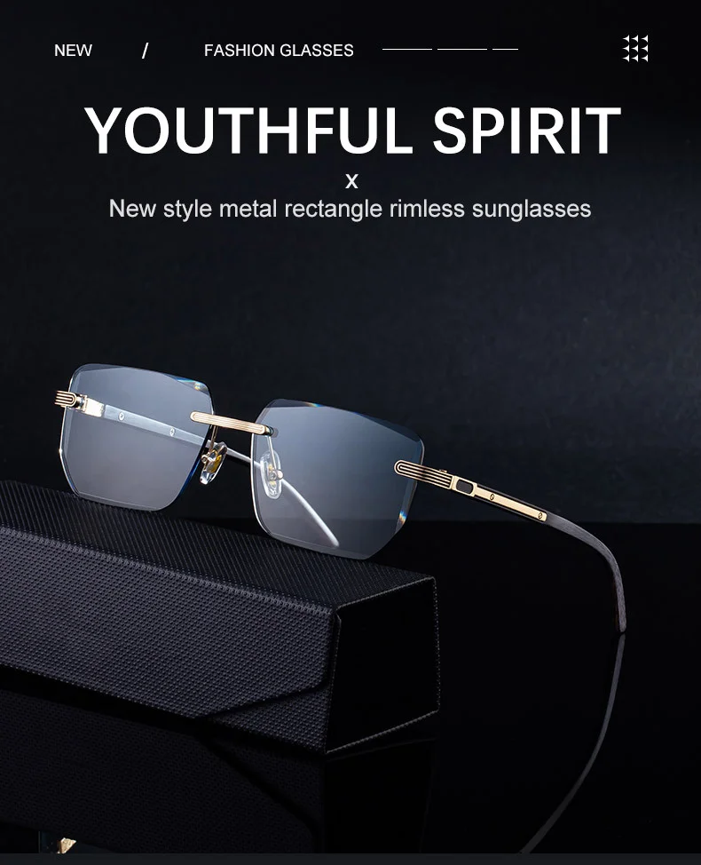 Black PC Unisex Diamond Cut Rimless Sunglasses - Premium Photochromic Vintage Eyewear - Details 1