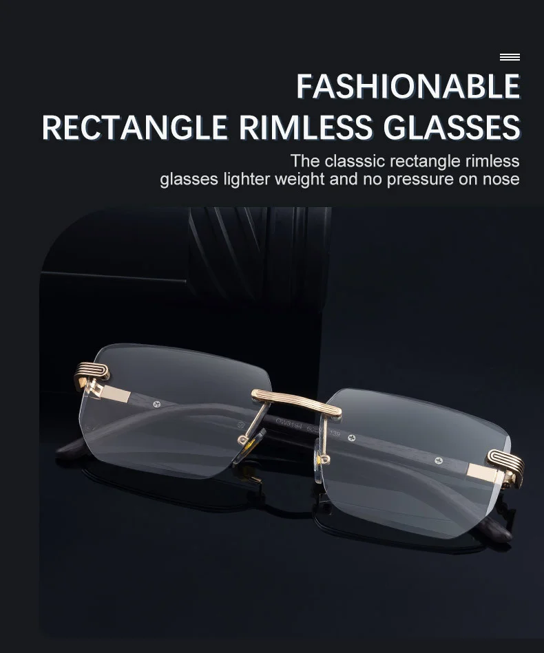 Black PC Unisex Diamond Cut Rimless Sunglasses - Premium Photochromic Vintage Eyewear - Details 2