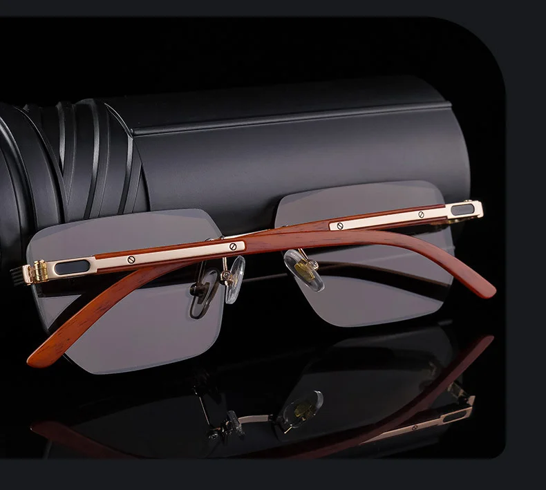 Black PC Unisex Diamond Cut Rimless Sunglasses - Premium Photochromic Vintage Eyewear - Details 3