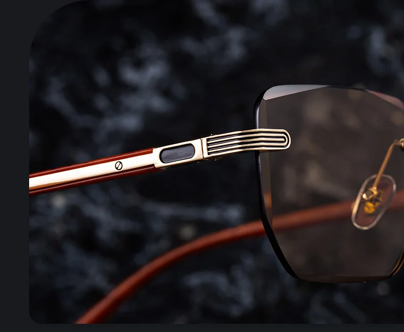 Black PC Unisex Diamond Cut Rimless Sunglasses - Premium Photochromic Vintage Eyewear - Details 4