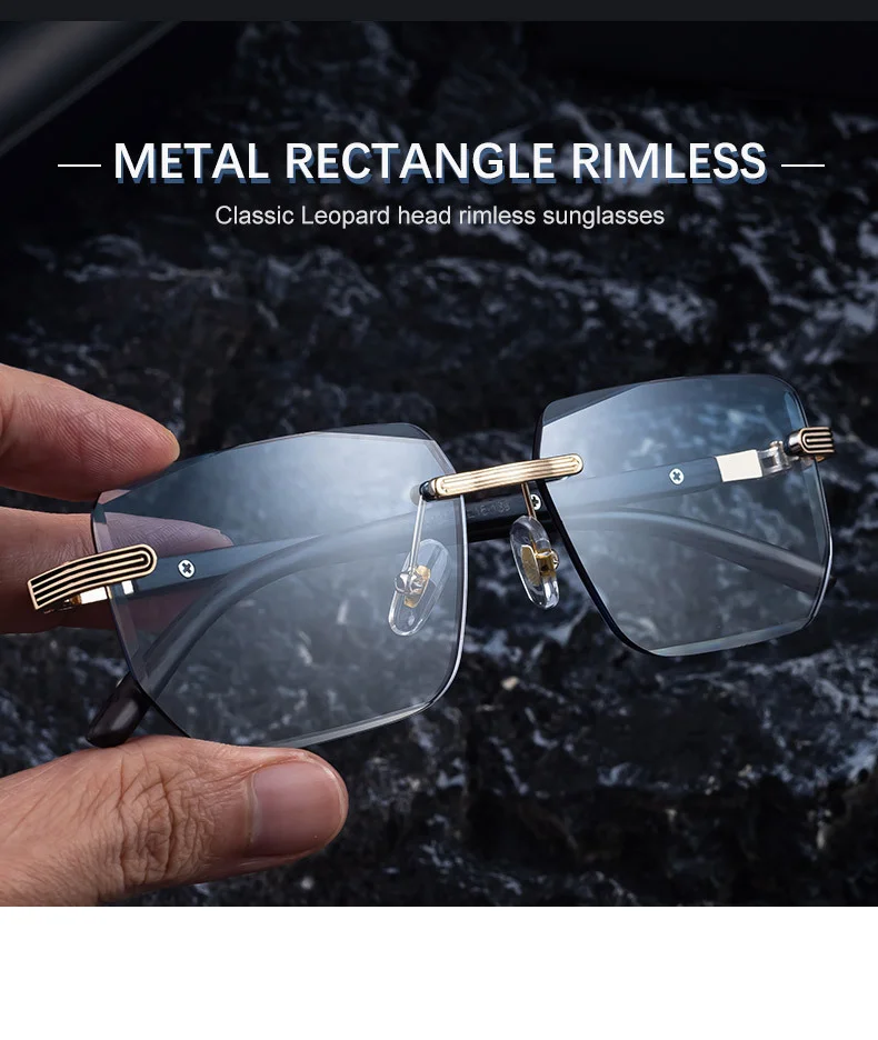 Black PC Unisex Diamond Cut Rimless Sunglasses - Premium Photochromic Vintage Eyewear - Details 5