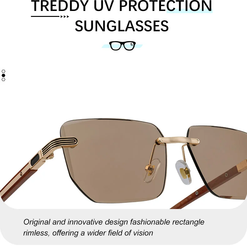 Black PC Unisex Diamond Cut Rimless Sunglasses - Premium Photochromic Vintage Eyewear - Details 9
