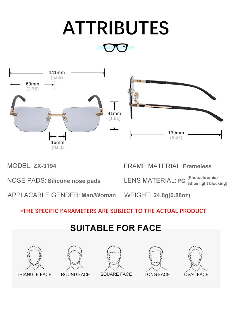 Black PC Unisex Diamond Cut Rimless Sunglasses - Premium Photochromic Vintage Eyewear - Details 14