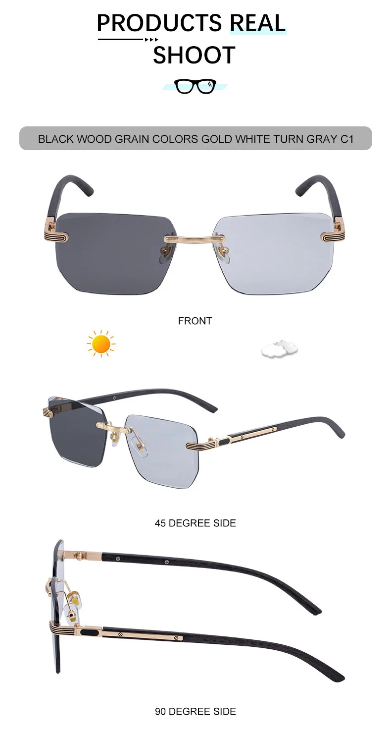Black PC Unisex Diamond Cut Rimless Sunglasses - Premium Photochromic Vintage Eyewear - Details 15