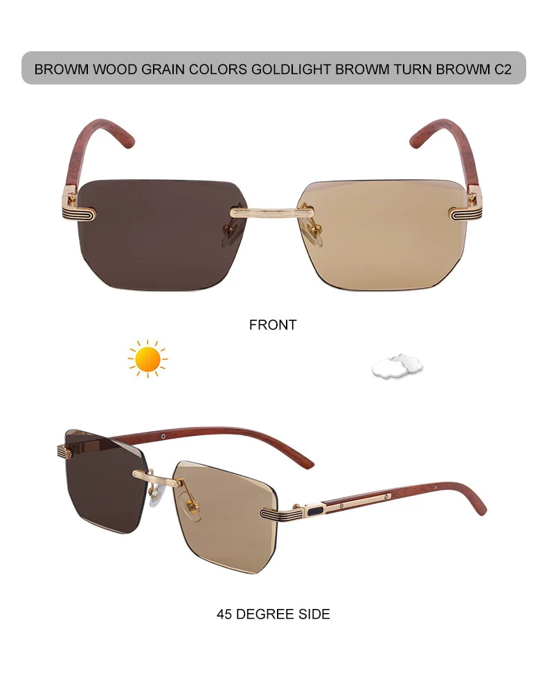 Black PC Unisex Diamond Cut Rimless Sunglasses - Premium Photochromic Vintage Eyewear - Details 16