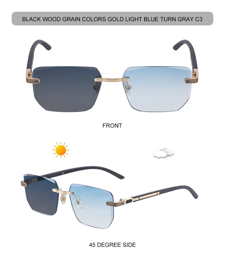 Black PC Unisex Diamond Cut Rimless Sunglasses - Premium Photochromic Vintage Eyewear - Details 17