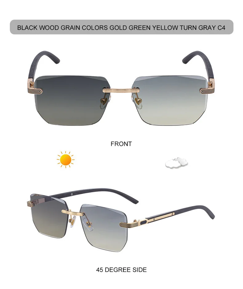 Black PC Unisex Diamond Cut Rimless Sunglasses - Premium Photochromic Vintage Eyewear - Details 18
