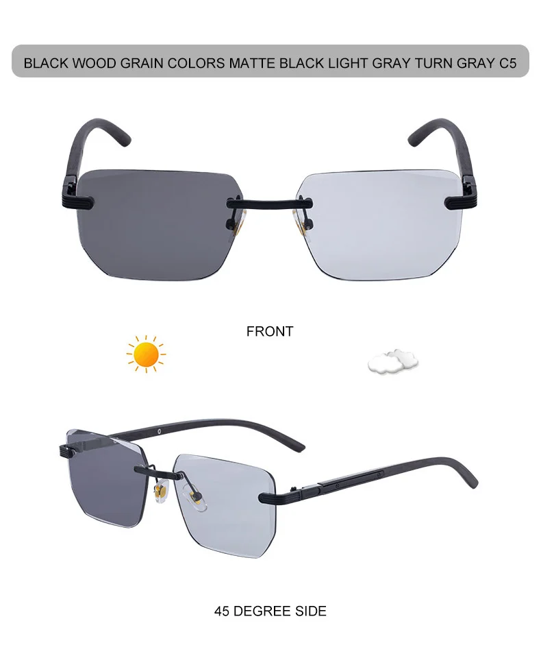 Black PC Unisex Diamond Cut Rimless Sunglasses - Premium Photochromic Vintage Eyewear - Details 19