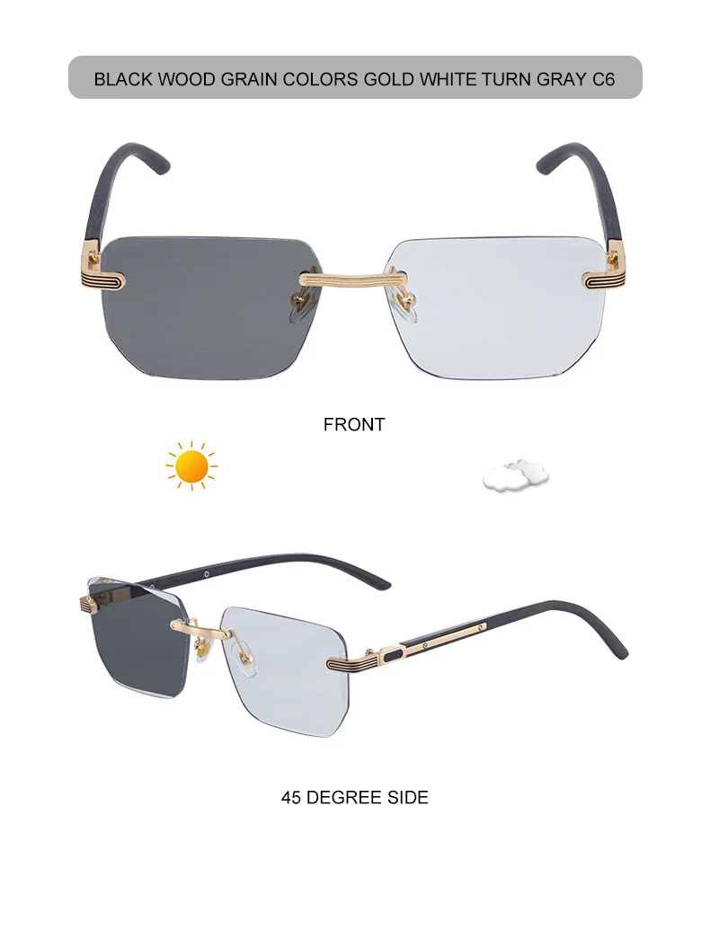 Black PC Unisex Diamond Cut Rimless Sunglasses - Premium Photochromic Vintage Eyewear - Details 20
