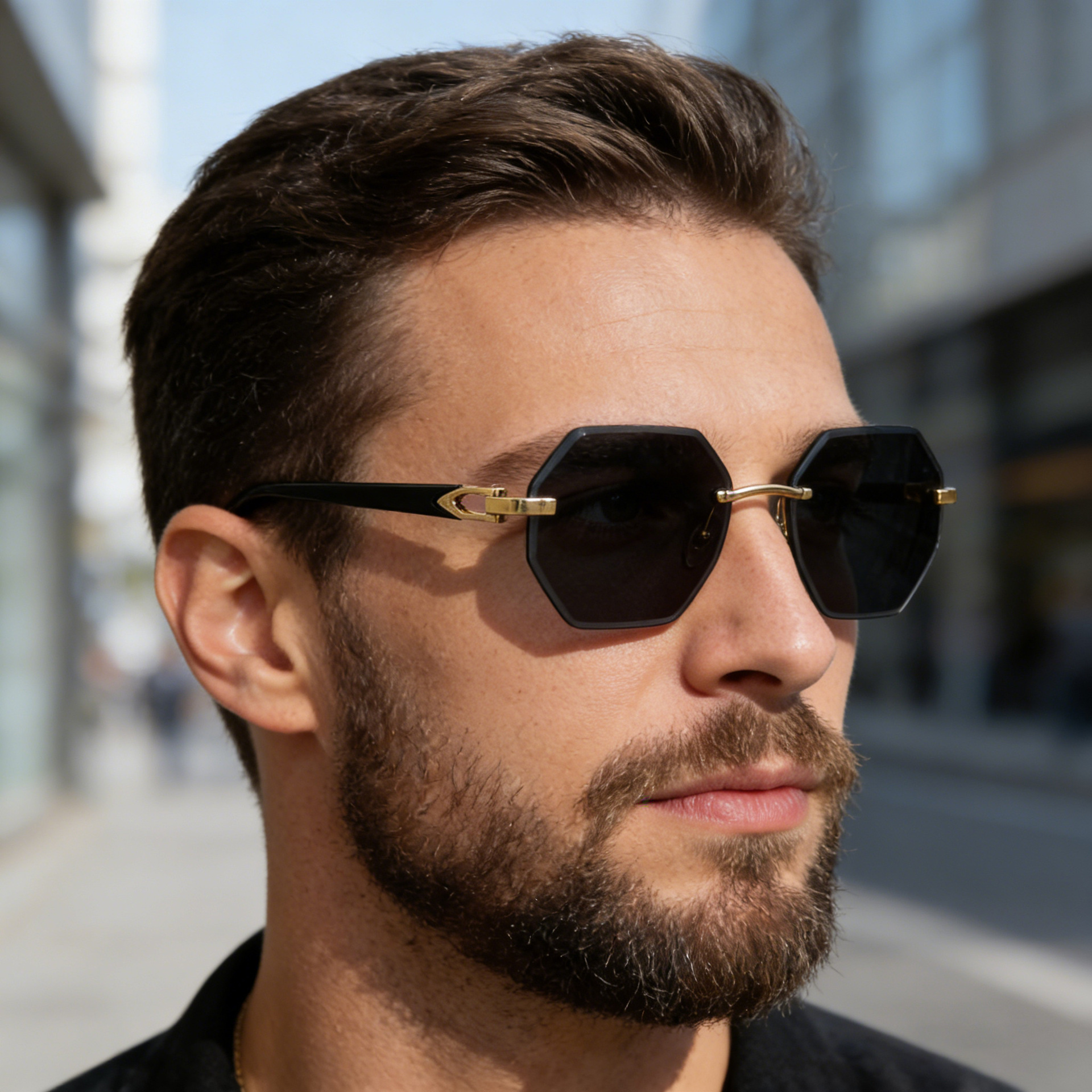 Men's Diamond Cut Polygon Rimless Sunglasses - Premium Driving Eyewear Details and Specifications
