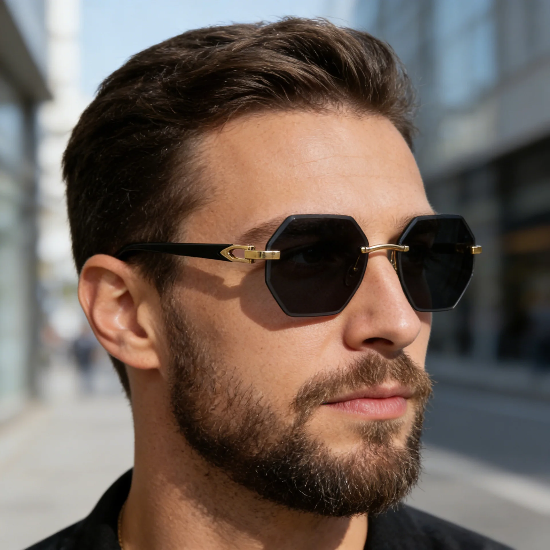 Black metal Men's Diamond Cut Polygon Rimless Sunglasses - Premium Driving Eyewear - Details 1