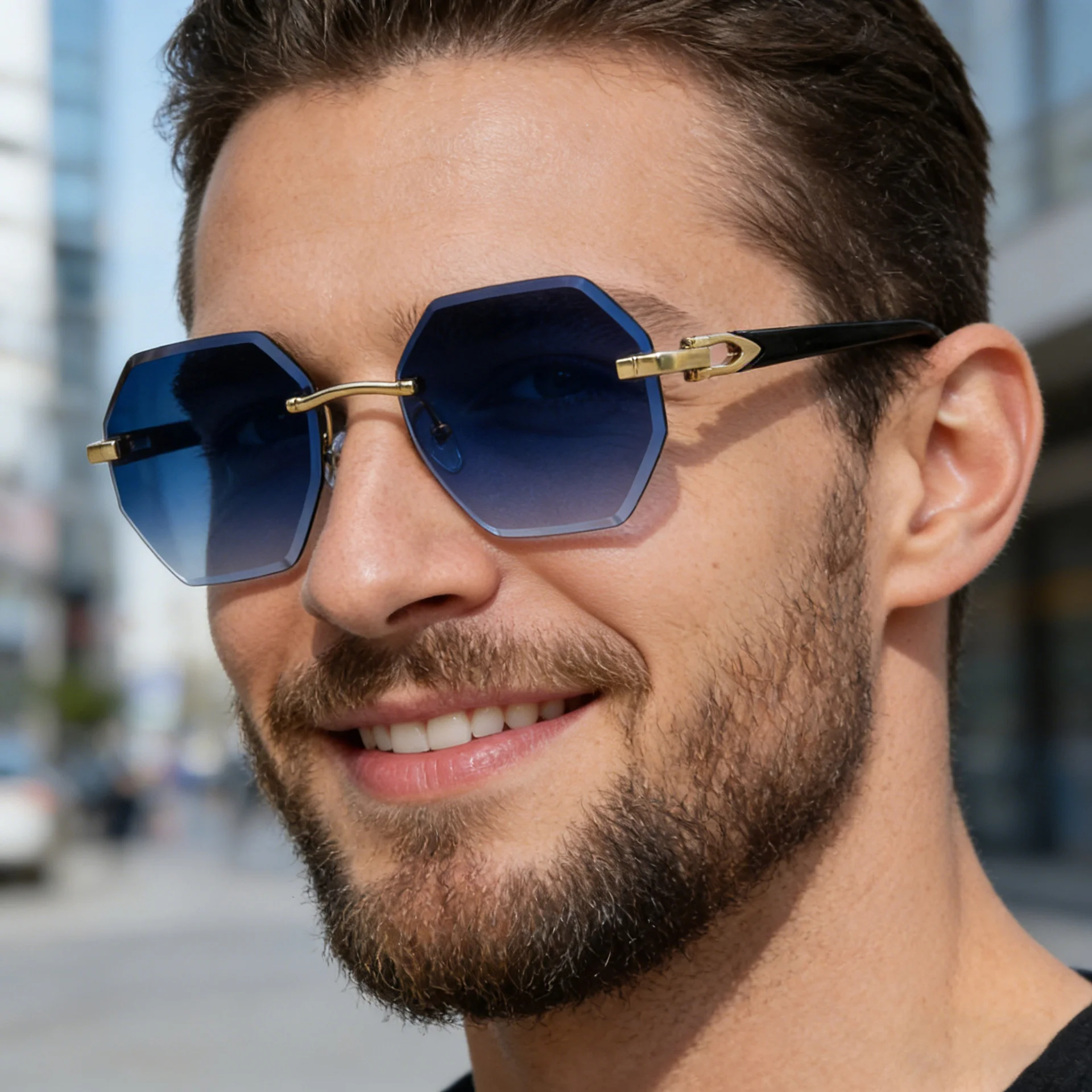 Black metal Men's Diamond Cut Polygon Rimless Sunglasses - Premium Driving Eyewear - Details 2
