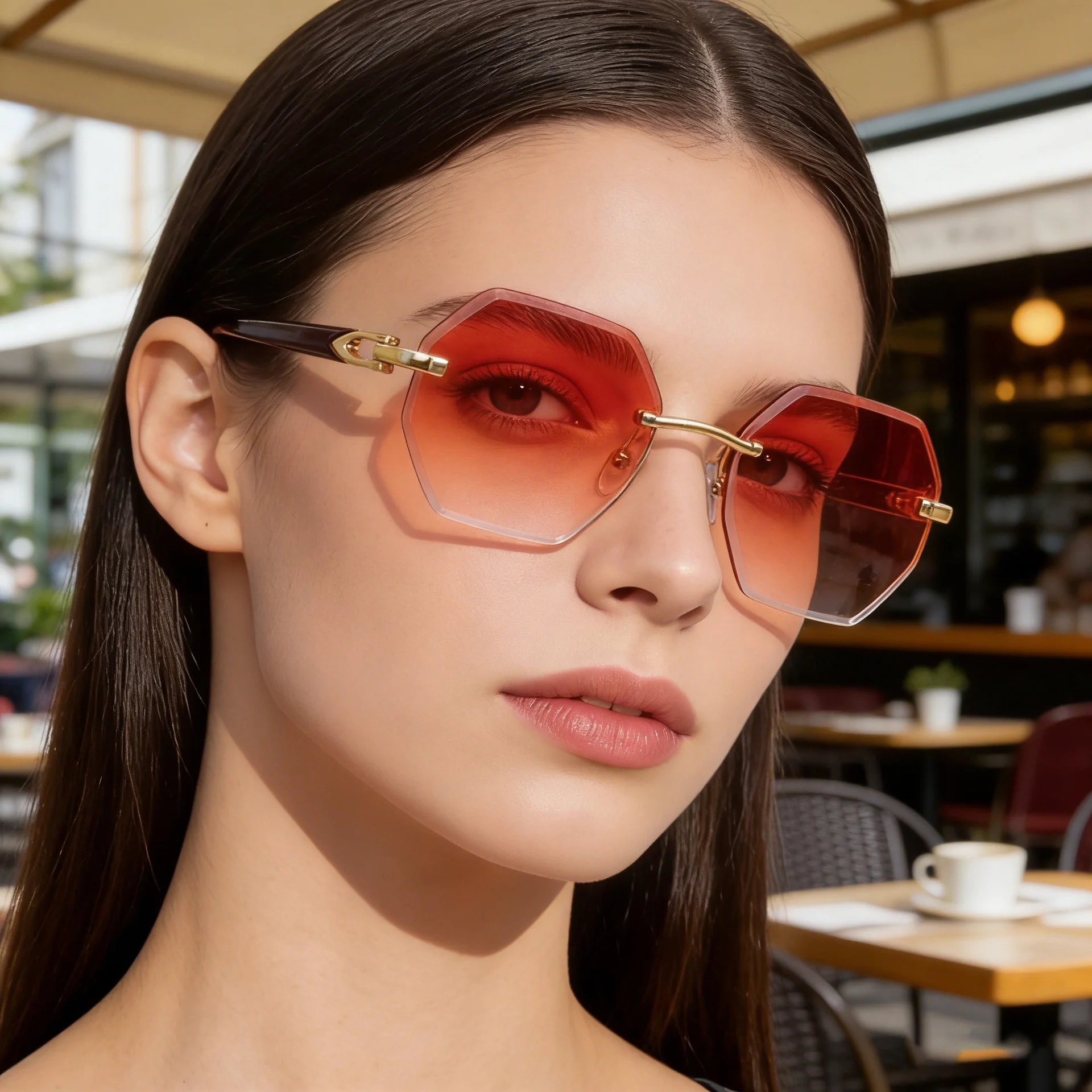 Black metal Men's Diamond Cut Polygon Rimless Sunglasses - Premium Driving Eyewear - Details 3
