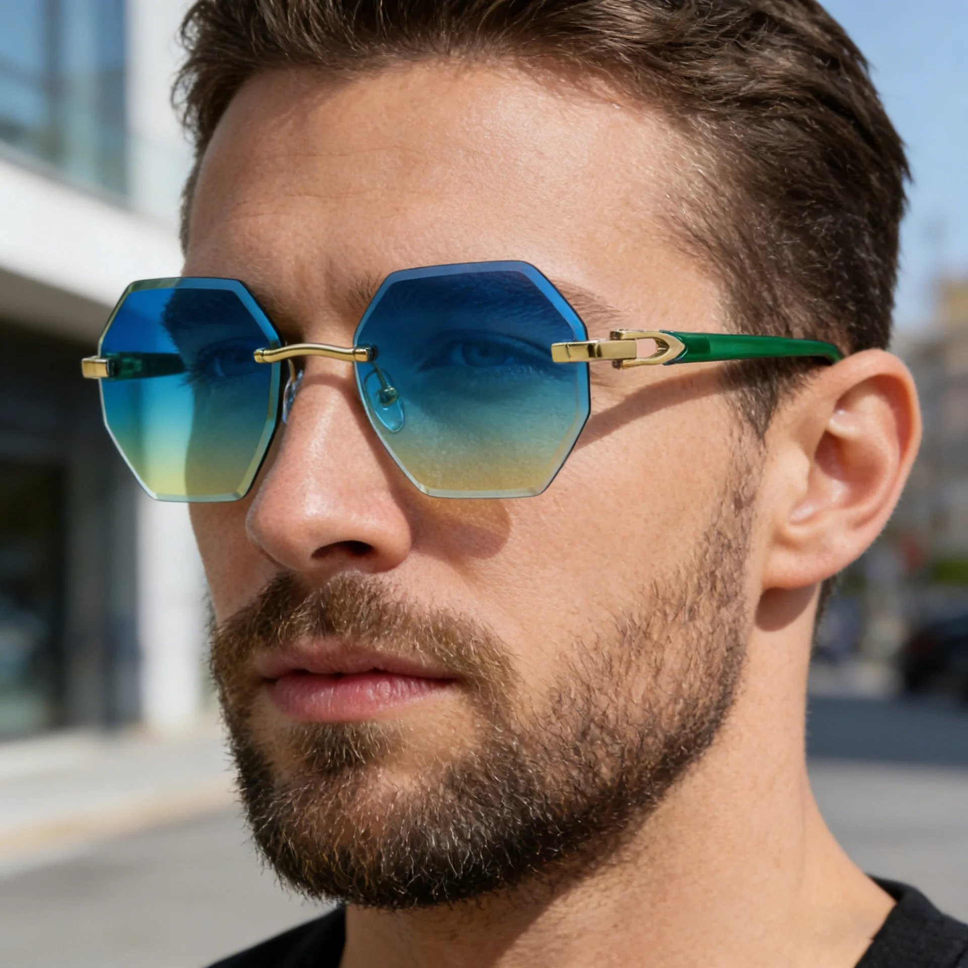 Black metal Men's Diamond Cut Polygon Rimless Sunglasses - Premium Driving Eyewear - Details 4