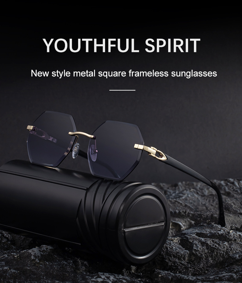 Men's Diamond Cut Polygon Rimless Sunglasses - Premium Driving Eyewear Details and Specifications