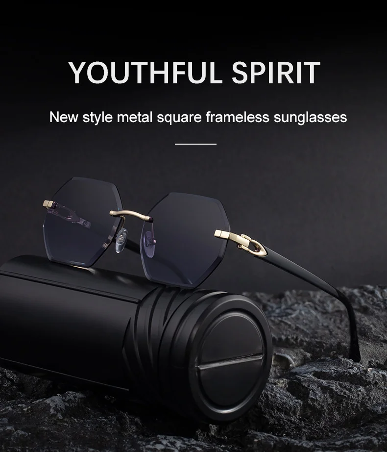 Black metal Men's Diamond Cut Polygon Rimless Sunglasses - Premium Driving Eyewear - Details 5