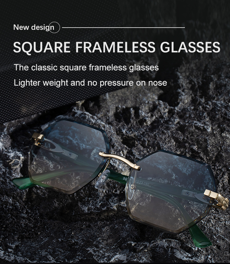 Men's Diamond Cut Polygon Rimless Sunglasses - Premium Driving Eyewear Details and Specifications