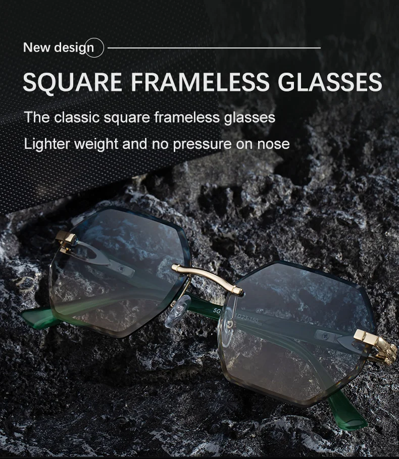 Black metal Men's Diamond Cut Polygon Rimless Sunglasses - Premium Driving Eyewear - Details 6