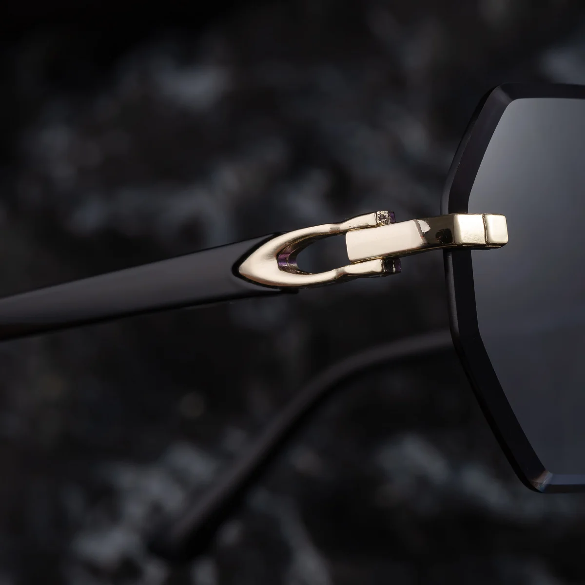 Black metal Men's Diamond Cut Polygon Rimless Sunglasses - Premium Driving Eyewear - Details 8