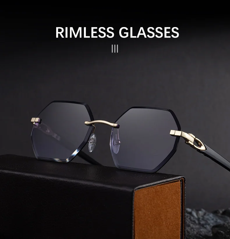 Black metal Men's Diamond Cut Polygon Rimless Sunglasses - Premium Driving Eyewear - Details 9