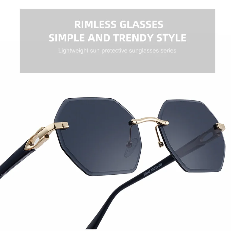 Black metal Men's Diamond Cut Polygon Rimless Sunglasses - Premium Driving Eyewear - Details 11