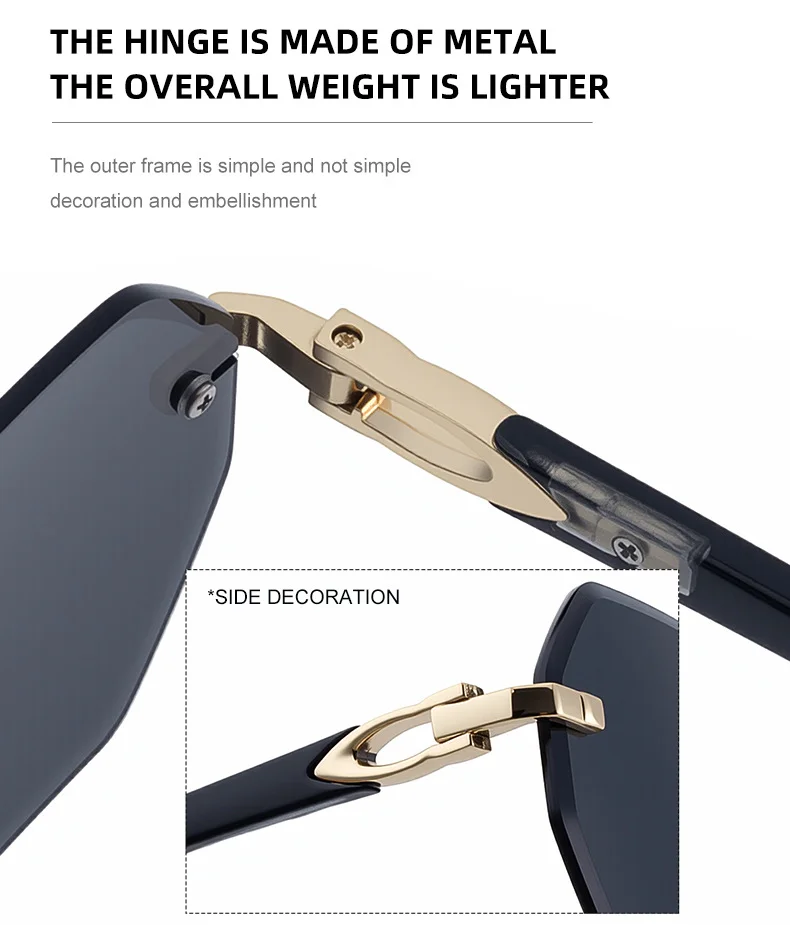 Black metal Men's Diamond Cut Polygon Rimless Sunglasses - Premium Driving Eyewear - Details 13