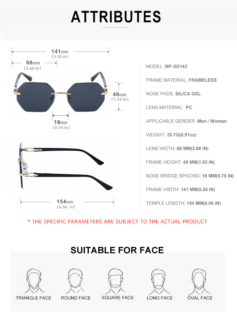 Men's Diamond Cut Polygon Rimless Sunglasses - Premium Driving Eyewear Details and Specifications