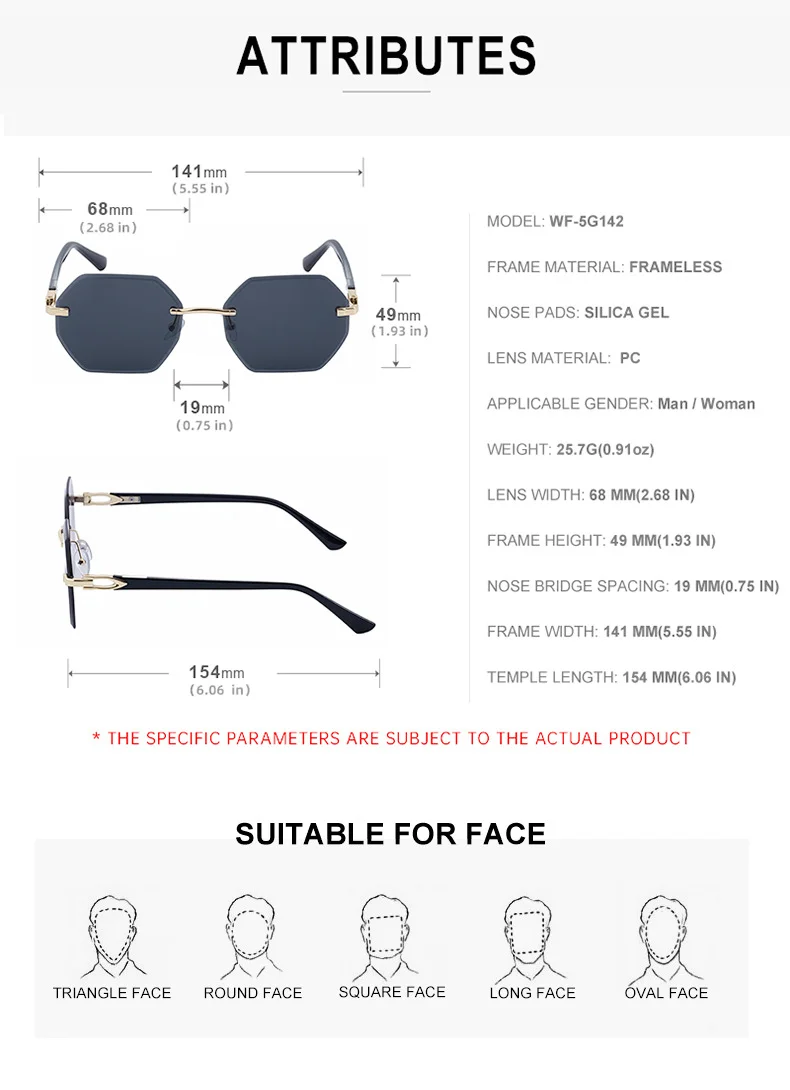 Black metal Men's Diamond Cut Polygon Rimless Sunglasses - Premium Driving Eyewear - Details 16