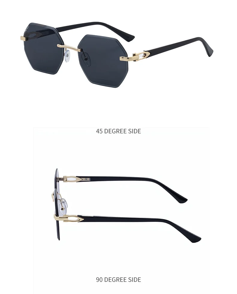 Black metal Men's Diamond Cut Polygon Rimless Sunglasses - Premium Driving Eyewear - Details 18