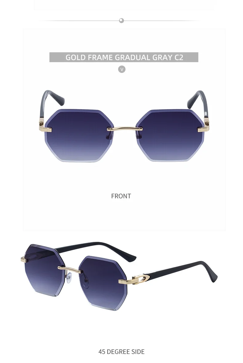 Black metal Men's Diamond Cut Polygon Rimless Sunglasses - Premium Driving Eyewear - Details 19