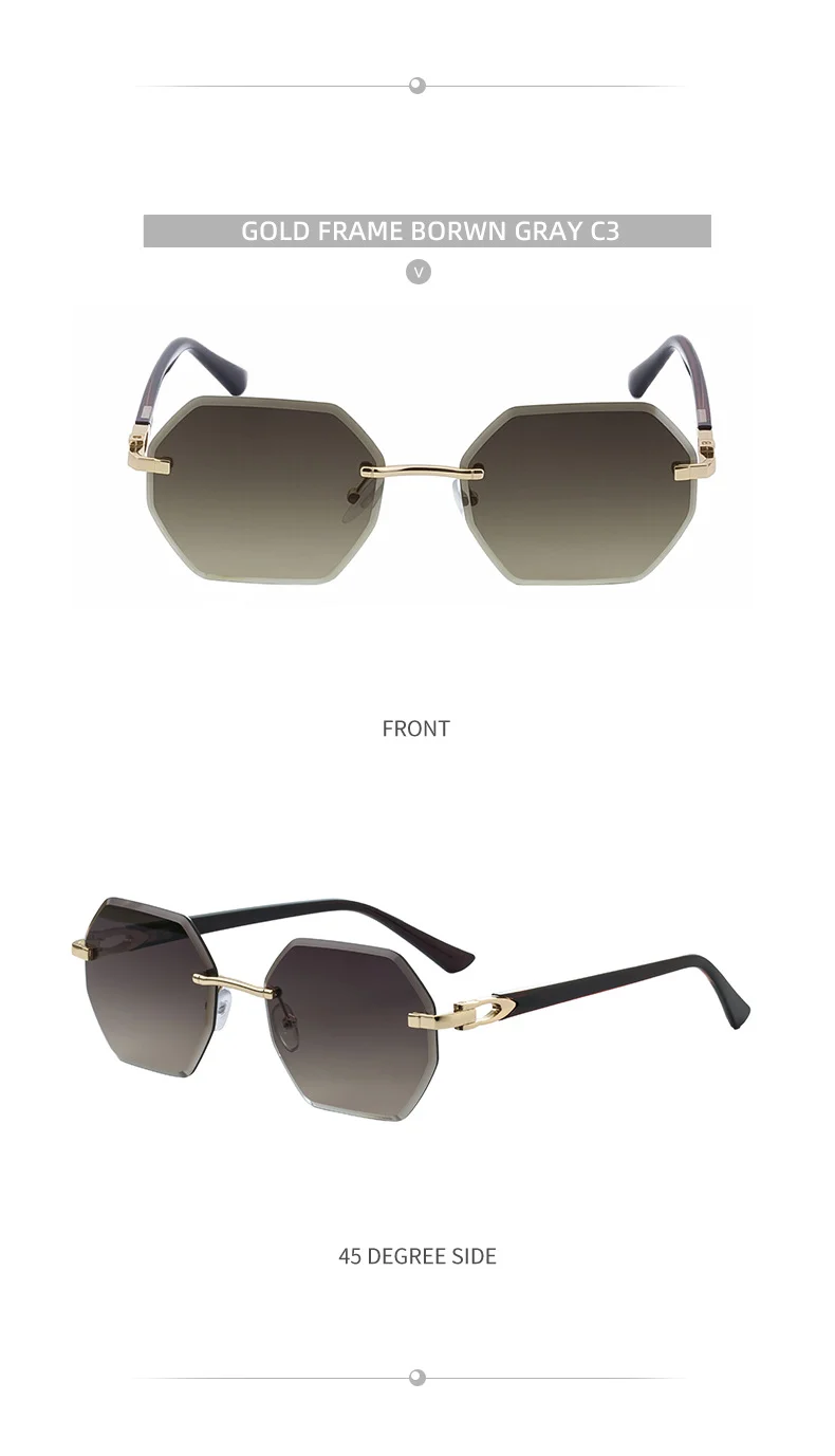Black metal Men's Diamond Cut Polygon Rimless Sunglasses - Premium Driving Eyewear - Details 20